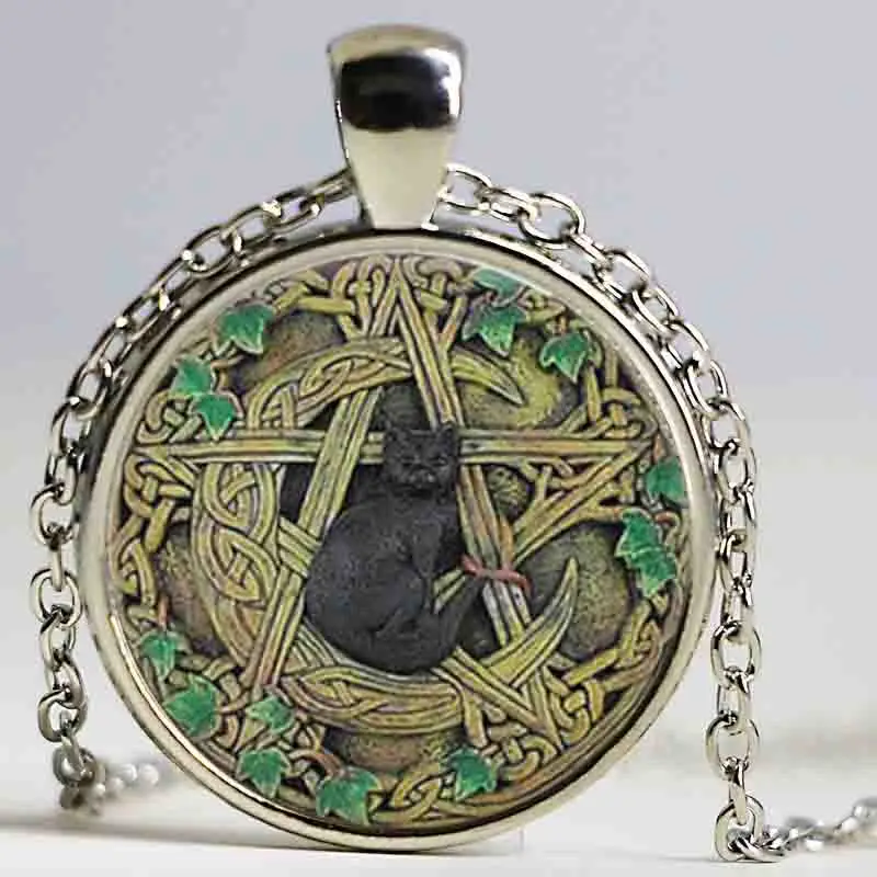 Wholesale Glass Dome Pendant Black Cat Wicca Pendant Necklace Pentagram