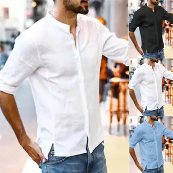 

Men's Linen Cotton Short Sleeve Loose Shirt Business Shirts White Summer Cool Gentlemen Casual V-Neck Shirts Tops M-3XL