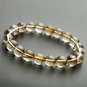 

Genuine Brazil Yellow Gold Natural Rutilated Quartz Bracelet 10mm Clear Crystal Stretch Round Bead Bracelet