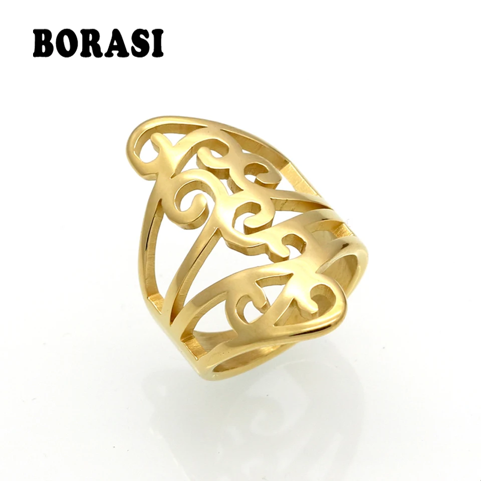 BORASI, женские кольца из нержавеющей стали, очаровательное кольцо на палец, цветок, полое кольцо, золотой тон, модное коктейльное ювелирное изделие