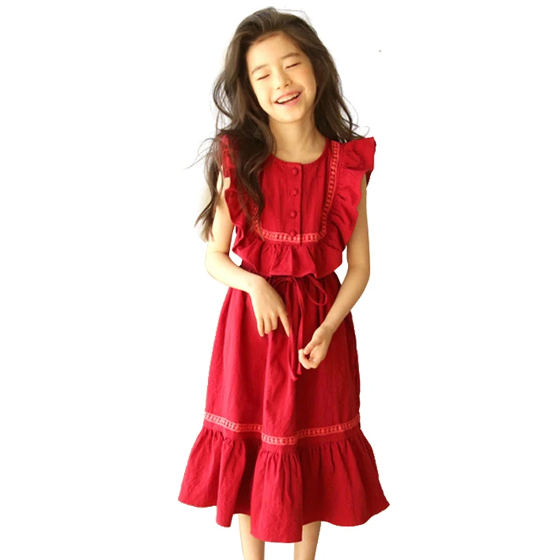4 -14 Yrs Teenage Girls Red Long Dress 2021 Summer Elegant Ruffle Sleeveless Frocks For Simple Cotton | Детская одежда и обувь