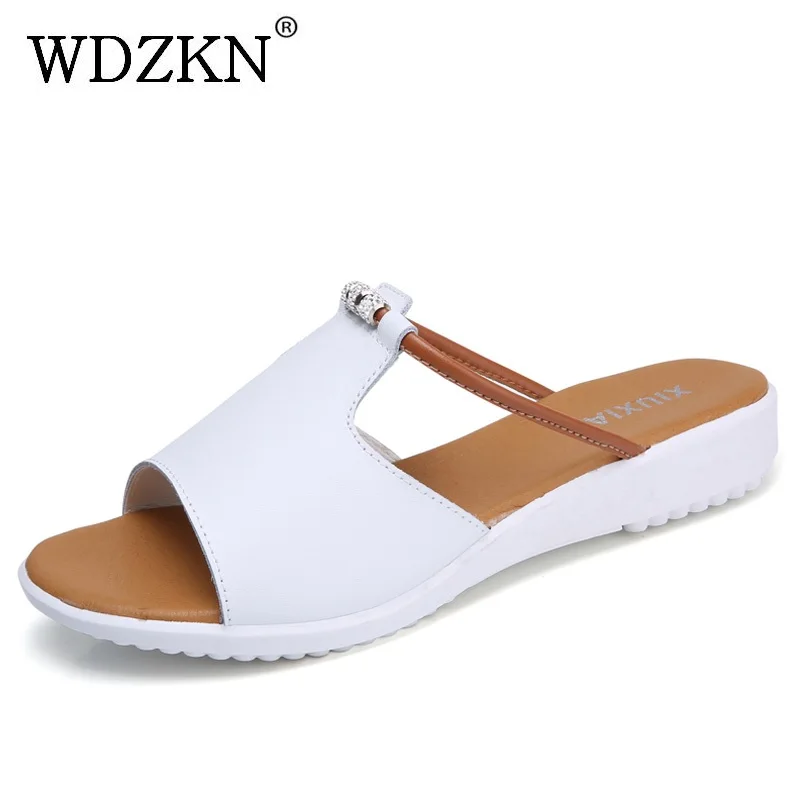 

WDZKN Summer Slippers Women Peep Toe Slides Comfortable Split Leather Rhinestone Low Wedge Slippers Outside Ladies Shoes