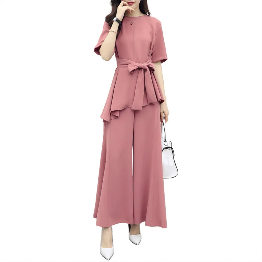 

Two Pieces Set Elegant Women 2019 Summer Chiffon Pink Loose Tops and Wide Leg Pants Office Lady Work Fashion Ladies Suits Sets