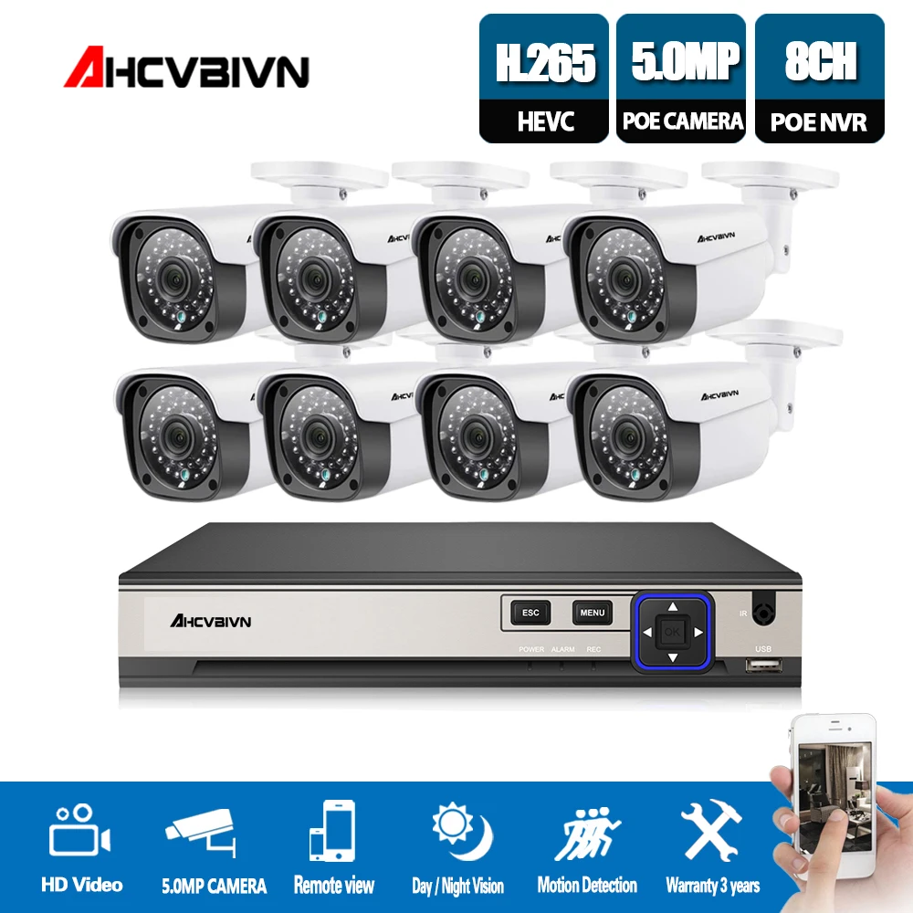 

AHCVBIVN H.265 8CH 5MP CCTV Camera System POE NVR Kit Outdoor Waterproof 5MP POE IP Camera P2P Video Security Surveillance Kit