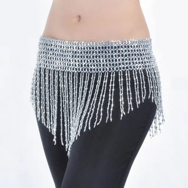 Women Bellydance Clothes Tassel Hip Scarf Belly Dance Elastic Wrapped Belt with Gold/silver Beaded Fringes Silver small beads