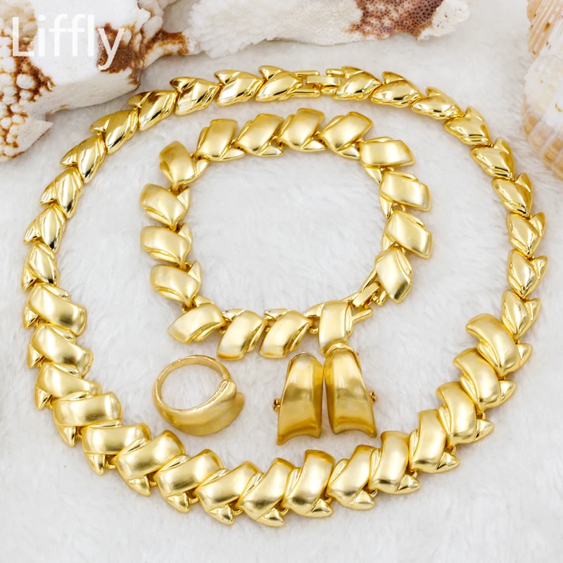

Liffly Fashion Nigerian Dubai Gold Jewelry Sets for Women Necklace Earrings Ring Charm Bridal Gift Wedding Party Costume Jewelry