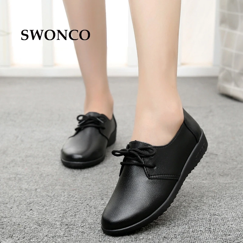 

SWONCO Women's Flats Shoes Spring Autumn PU Leather Lace Up Ladies Shoe Women Shoes Flats Leather Black Non-slip Woman Shoe