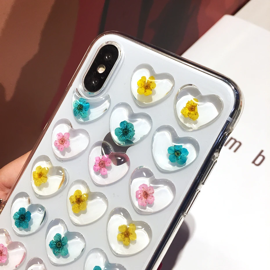Qianliyao, милый 3D чехол для телефона с изображением сердца, высушенных цветов, для iphone 6, 6 S, 7, 8 Plus, X, XS, XR Max, чехол с настоящим цветком, мягкая задняя крышка из ТПУ