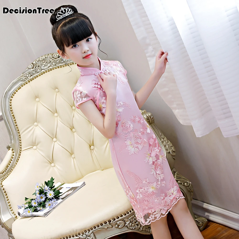 

2019 new child flower chinese chongsam dress chinese traditional dress qipao for kids short sleeve dress for evening party