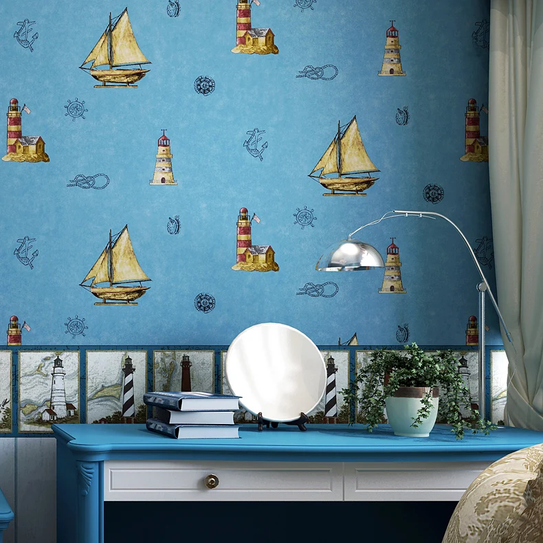 

0.53x10 Meter Blue Sailboat Vertical Striped Pattern Kids Room Wallpaper Boys Bedroom Study room Nonwoven Wallpaper
