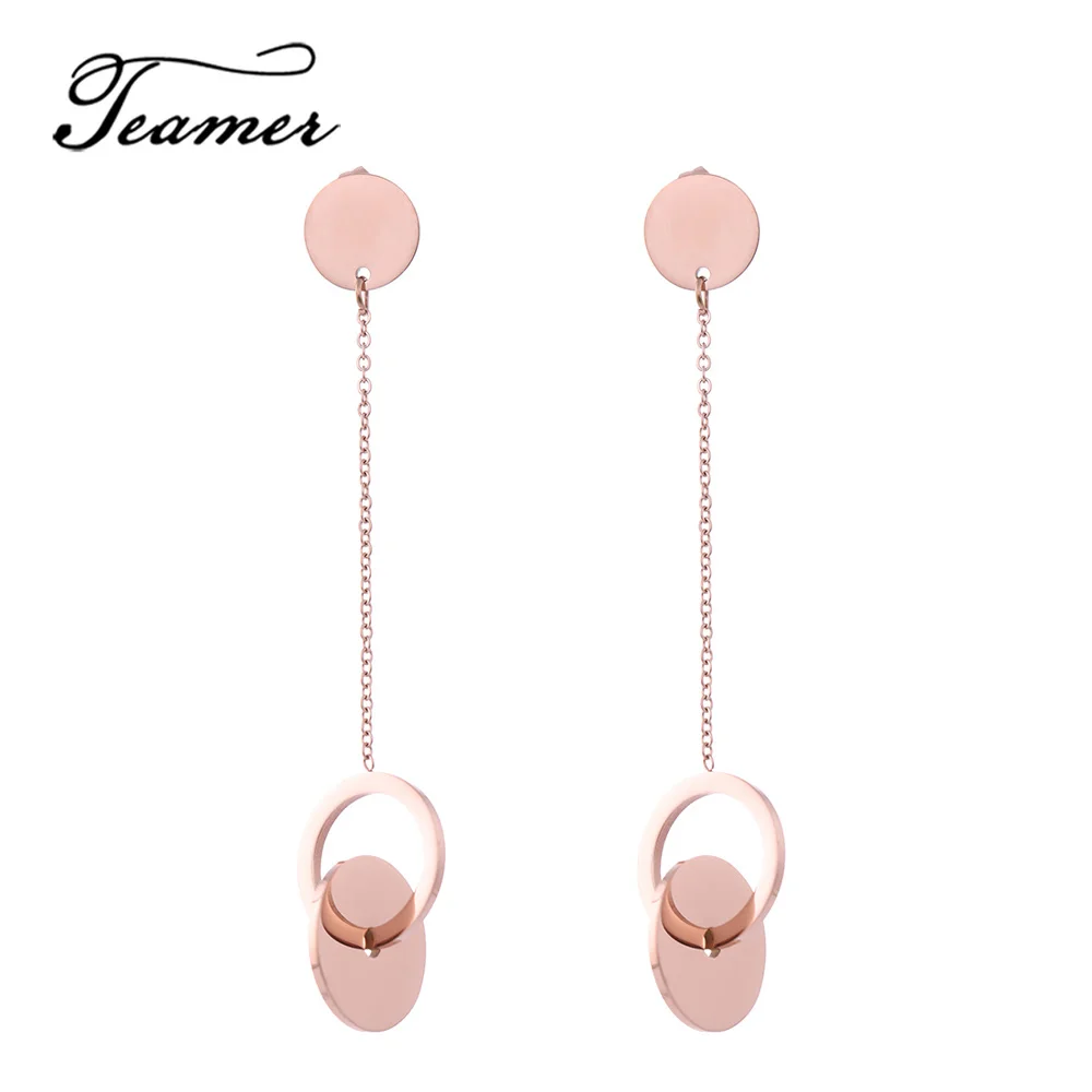 

Teamer Simple Long Chain Earrings Gold Color Stainless Steel Round Heart Drop Earrings for Women Korean Jewelry Earrings Bijoux