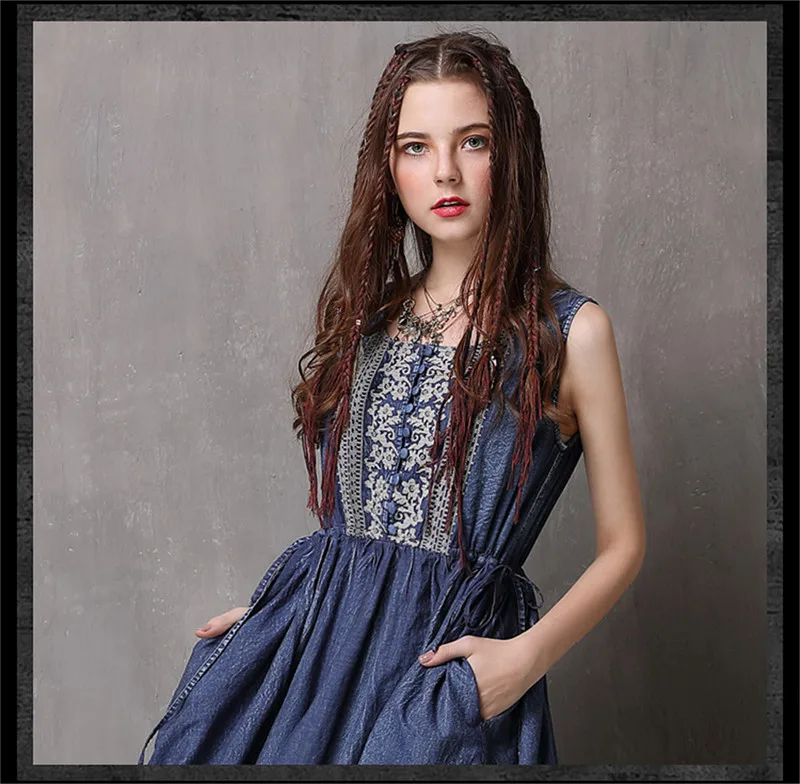 Vintage Summer Dress 2018 Cotton Women denim Dress Embroidery Dress Sleeveless  Tank Dresses O-Neck Floral Vestidos Femininos (10)