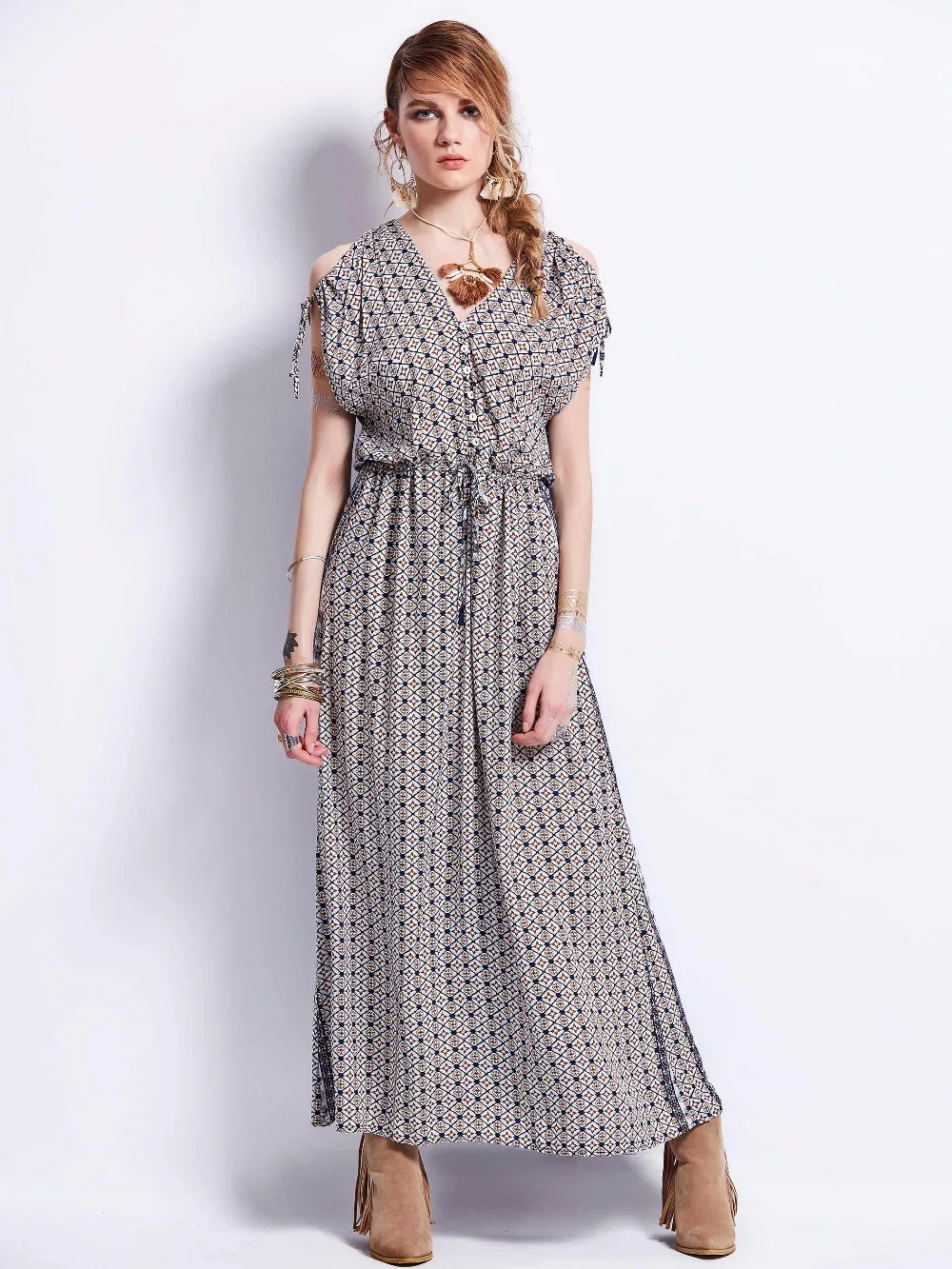 Female Loose Print Dress Summer short Deep V Neck Coffee Ankle Length