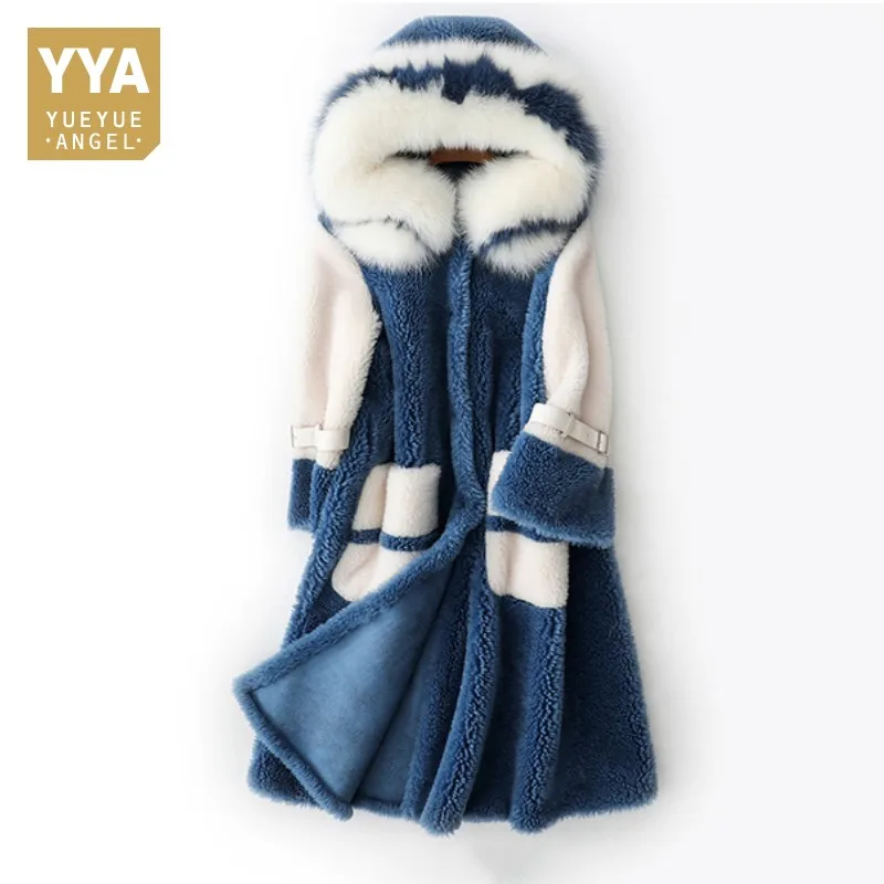 

Elegant Luxury Real Wool Coats With Natural Fox Fur Collar Hooded Sheep Shearing Jacket Long Winter Jackets Womens Fur Coats New