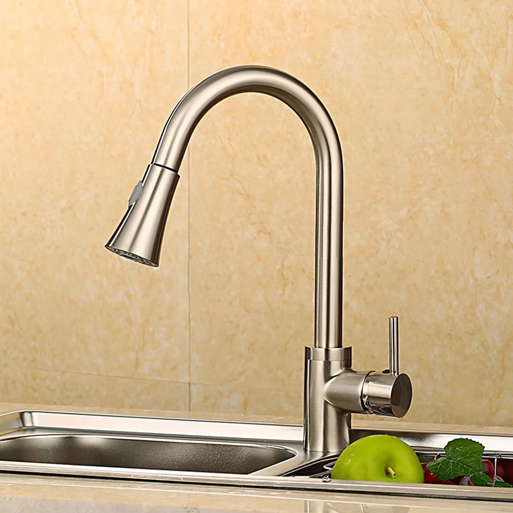 

Silver Single Handle Kitchen Faucet Mixer Pull Out Kitchen Tap Single Hole Rotate Copper Chrome Swivel Sink Mixer