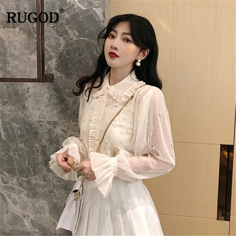 RUGOD 2019 прозрачные весенние женские топы и блузки с расклешенными рукавами