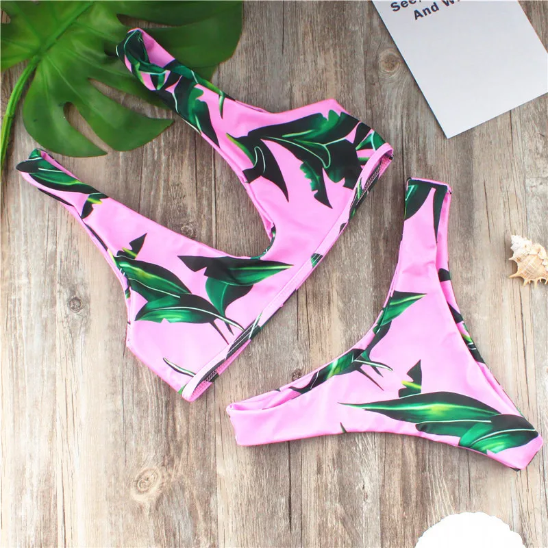 2018 Sexy Bikini Set Swimwear Pink Leaf Printing Swim Suite Trendy High Waist Push Up Bathing Suit Mayo