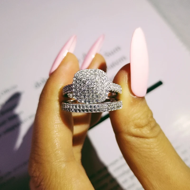 

solid 925 Sterling Silver zircon Wedding Ring Set for Bridal Women Men Finger Gift Africa zambia botswana Fashion Jewelry R4854S