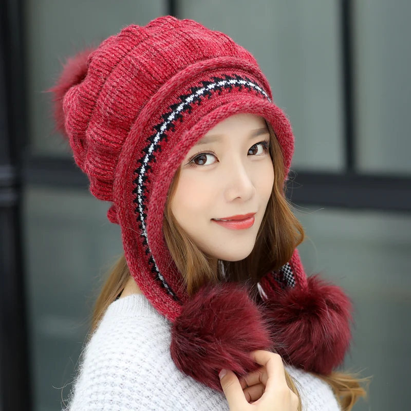 Tsureobe Women Beanie Warm 2018 New Brand Big Fur Poms Warm Gloves