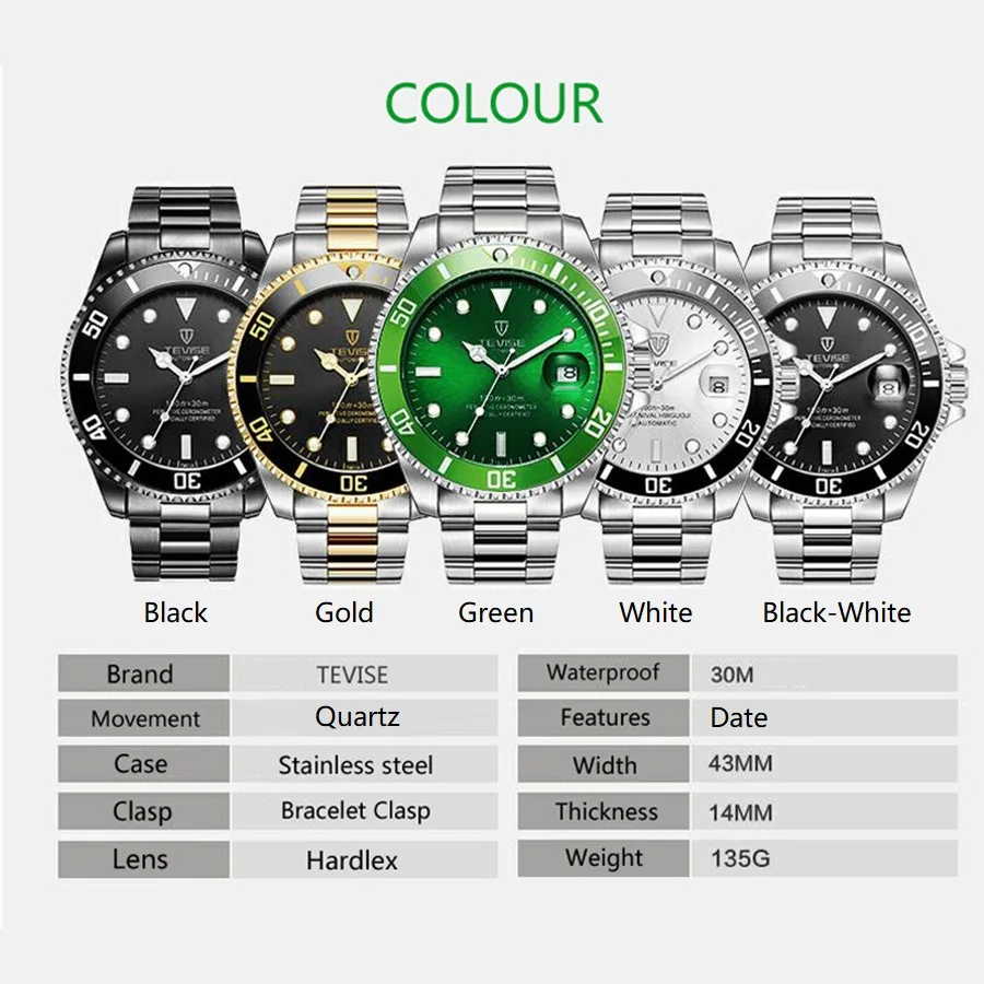 Мужские часы TEVISE кварцевые наручные часы водонепроницаемые спортивные деловые часы с датой Модные Роскошные наручные часы Мужские часы