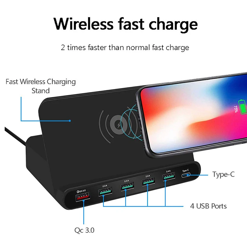 

Qi Wireless Charger, 60W 6-Port USB Fast Charging Station with Type-c,2 in 1 Phone Charger for iPhone Android Galaxy