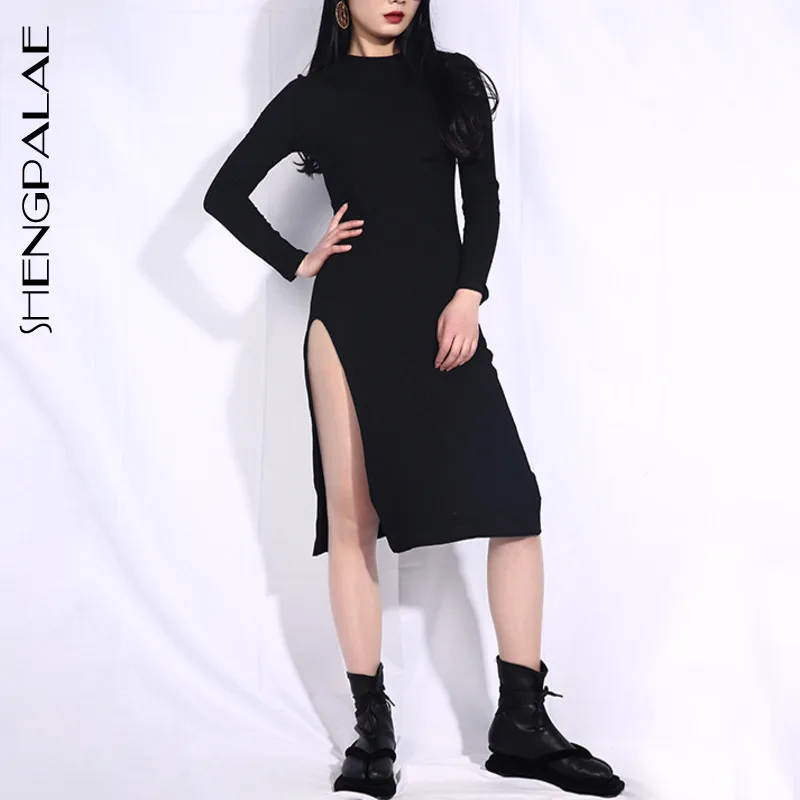 

SHENGPALAE 2019 New Spring Sumemr Black Tops Long Sleeve Round Collar Personality Side Split Vintage Fashion Women T-shirt FL421
