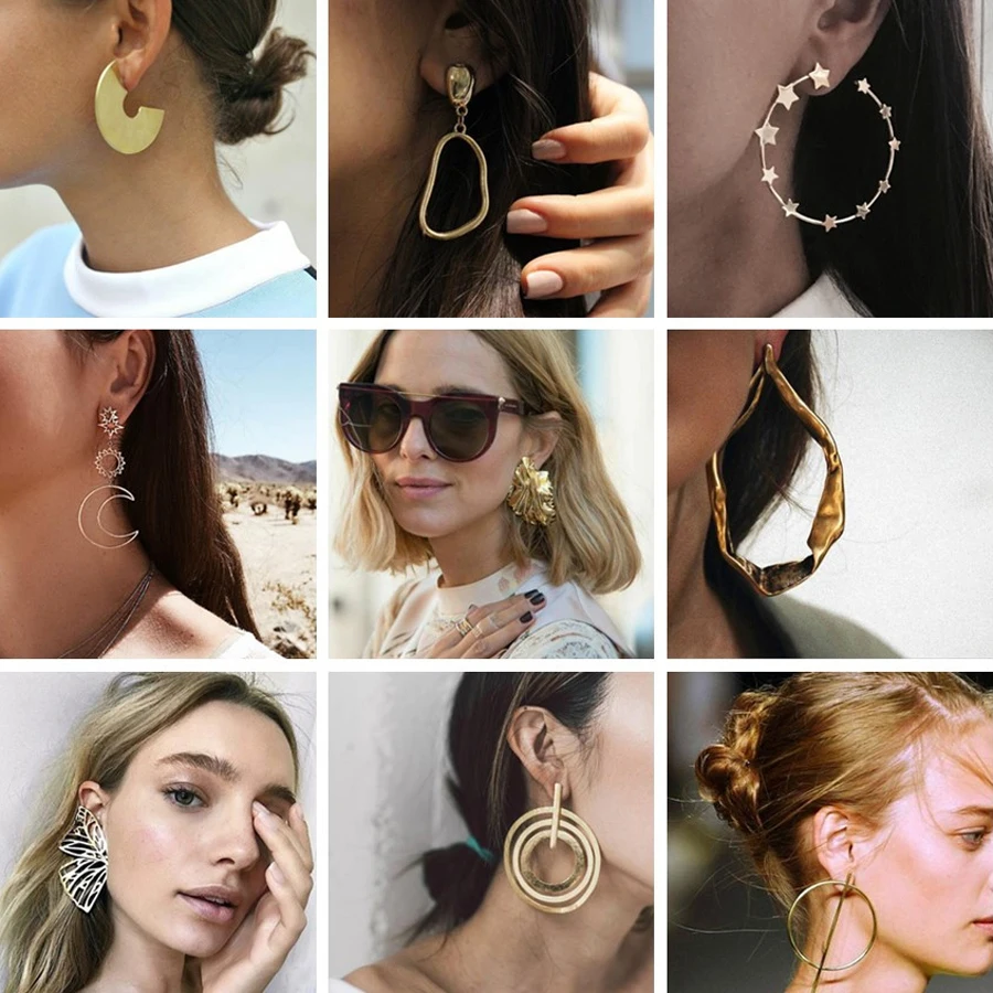 

docona Gold Color Round Flower Star Bowknot Drop Dangle Earring for Women Metal Geometric Pendant Earrings Party Jewelry