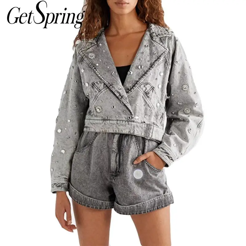 

GetSpring Women Sets Drill Nail Grey Jeans Jacket With High Waist Denim Shorts Two Piece Set Fashionable Women Short Sets Autumn