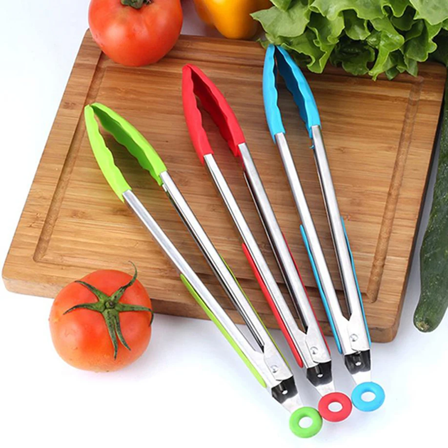 Silicone Kitchen Cooking Salad Serving BBQ Tongs Stainless Steel Handle