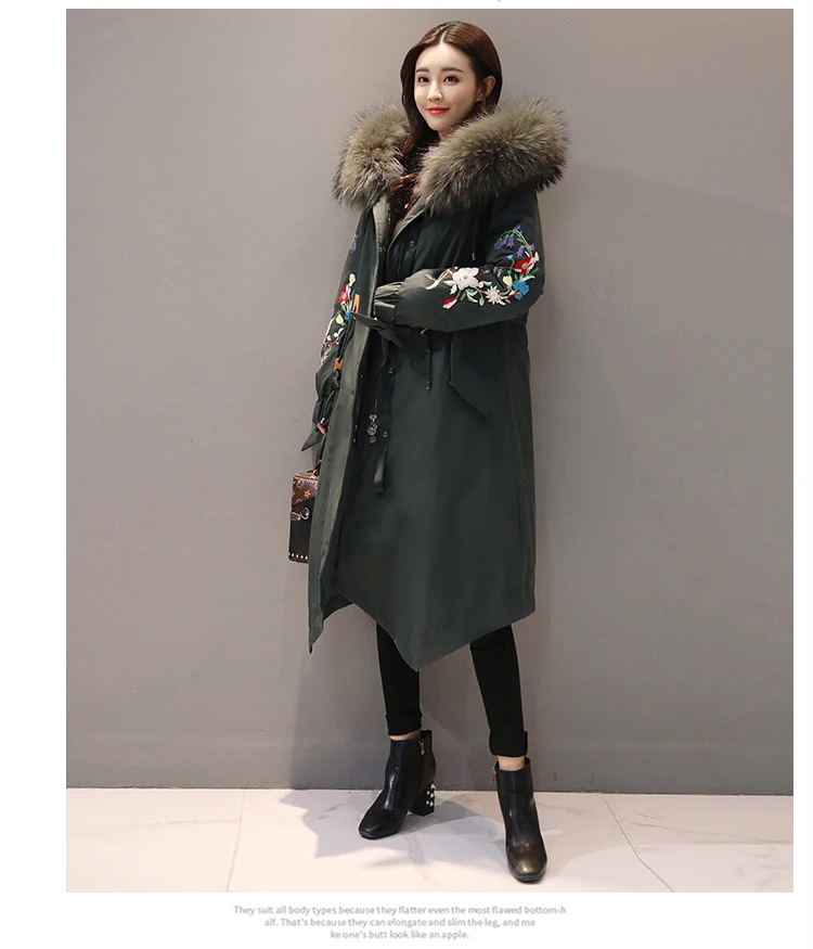 Женское хлопковое пальто с воротником из натурального Лисьего меха,, Зимняя мода, корейский стиль, вышивка, большой размер, пуховик, хлопок, утолщенная куртка, верхняя одежда L1495