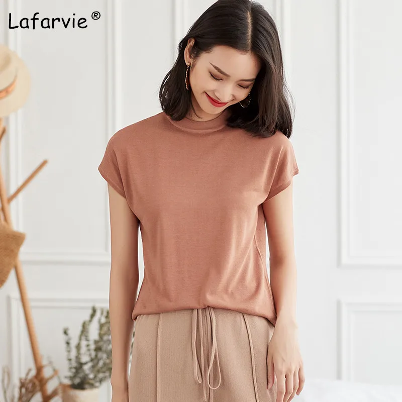 Lafarvie محبوك الكتان سترة المرأة الصيف يا الرقبة قصيرة الأكمام رقيقة الصلبة لينة مريحة الحياكة البلوز قميص بيج M-XL