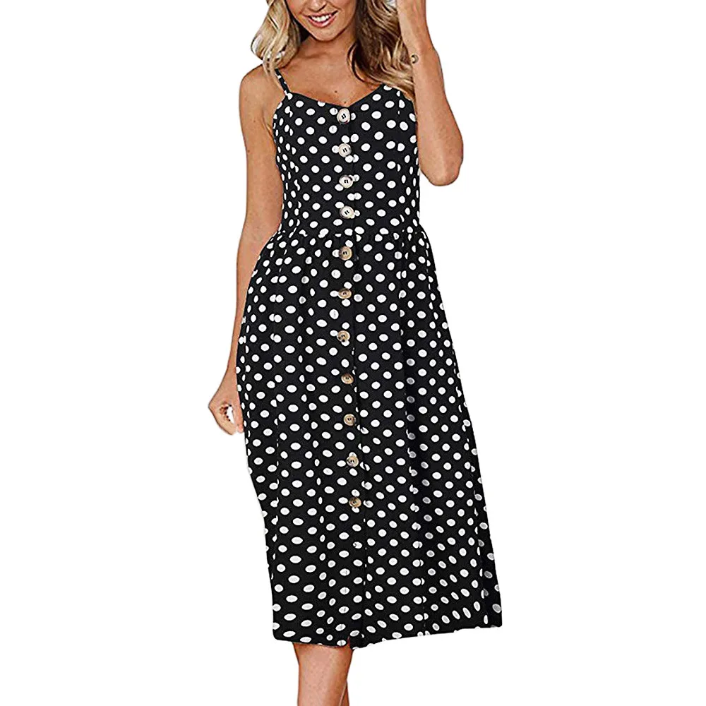 Fashion Womens Polka Dot Print Backless Sundress Button Chiffon Camis Long DressPolka Printed Sling Buttoned Open Back Dress | Женская