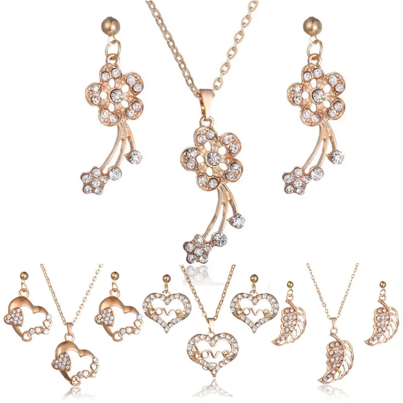 Crystal Heart Flower Leaf Shape Chain Necklace Earrings Jewelry Sets Luxury Gold-color Romantic Fashion Jewelry