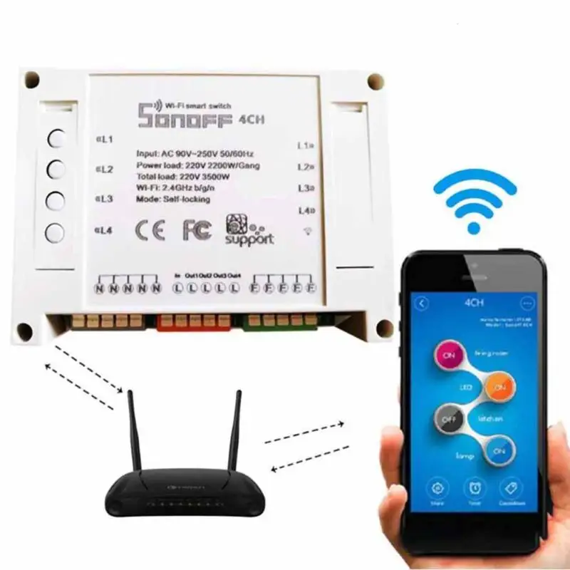 

Sonoff 4ch Channel Remote Control smart WiFI Switch Home Automation Module on/off Wireless Timer Diy Switch Din Rail Mounting