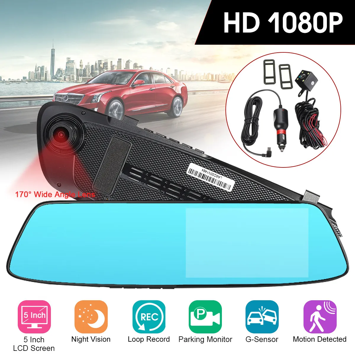

5inch HD 1080P DVR Dash Recorder Camera Monitor Car Font + Rear View Mirror Dual Lens 2.5D Screen 170 Degree G-Sensor Camera