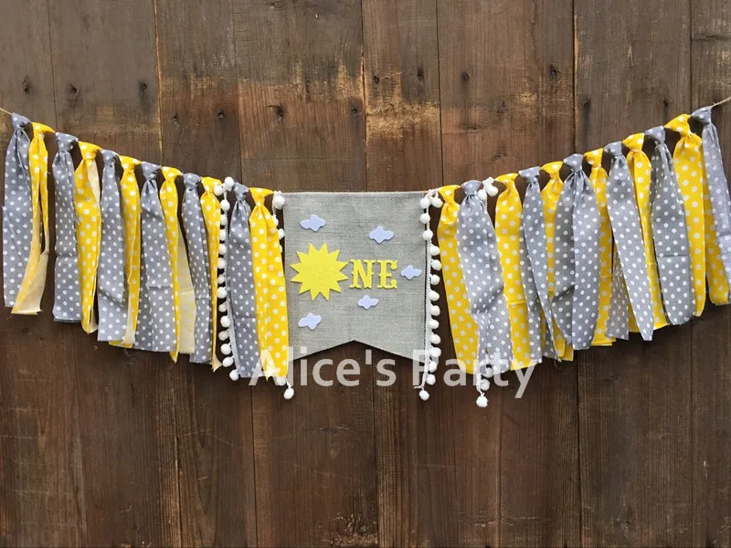 New Gray Grey Yellow Sun One Highchair Banner Sunshine White Cloud