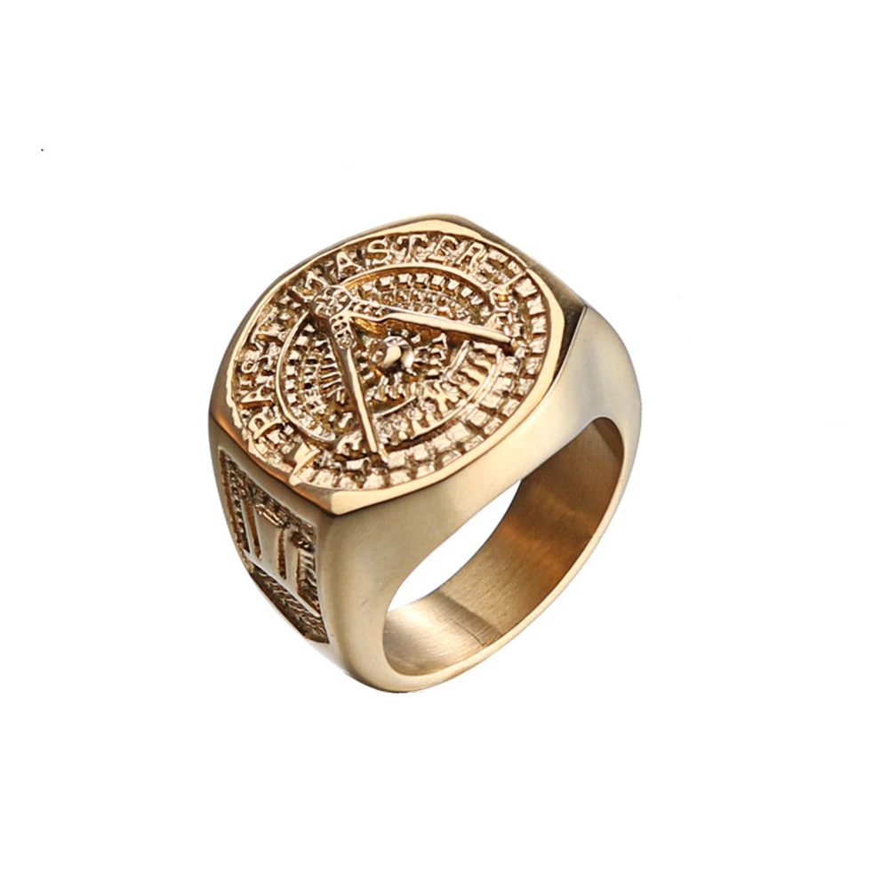 

Vintage Gold Plating Stainless Steel Masonic Rings Carved Religion Symbol Freemasonry Male Men Rings Retro Wide Big Finger Rings