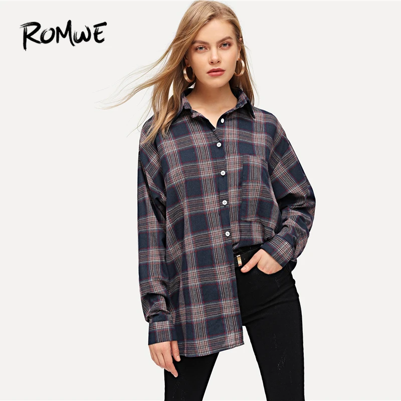 

ROMWE Plaid Single-Breasted Blouse 2019 Casual Spring Autumn Long Sleeve Top Womens Tops And Blouses Navy Stylish Women Blouse