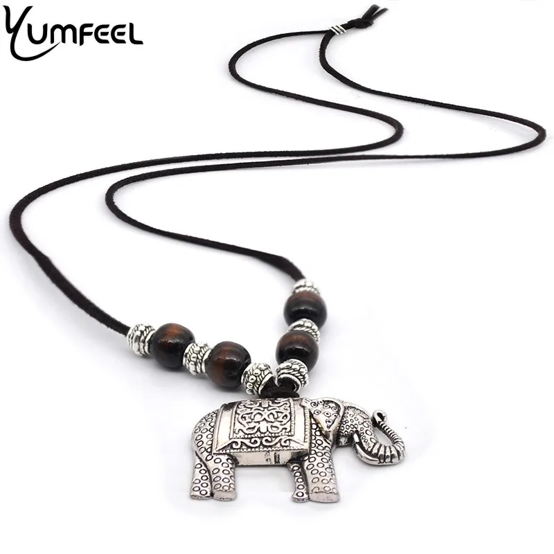 

Yumfeel New Handmade Vintage Ethnic Jewelry Necklaces Wood Beads Tibetan Silver Thai Elephant Pendants Necklace Animel Jewelry