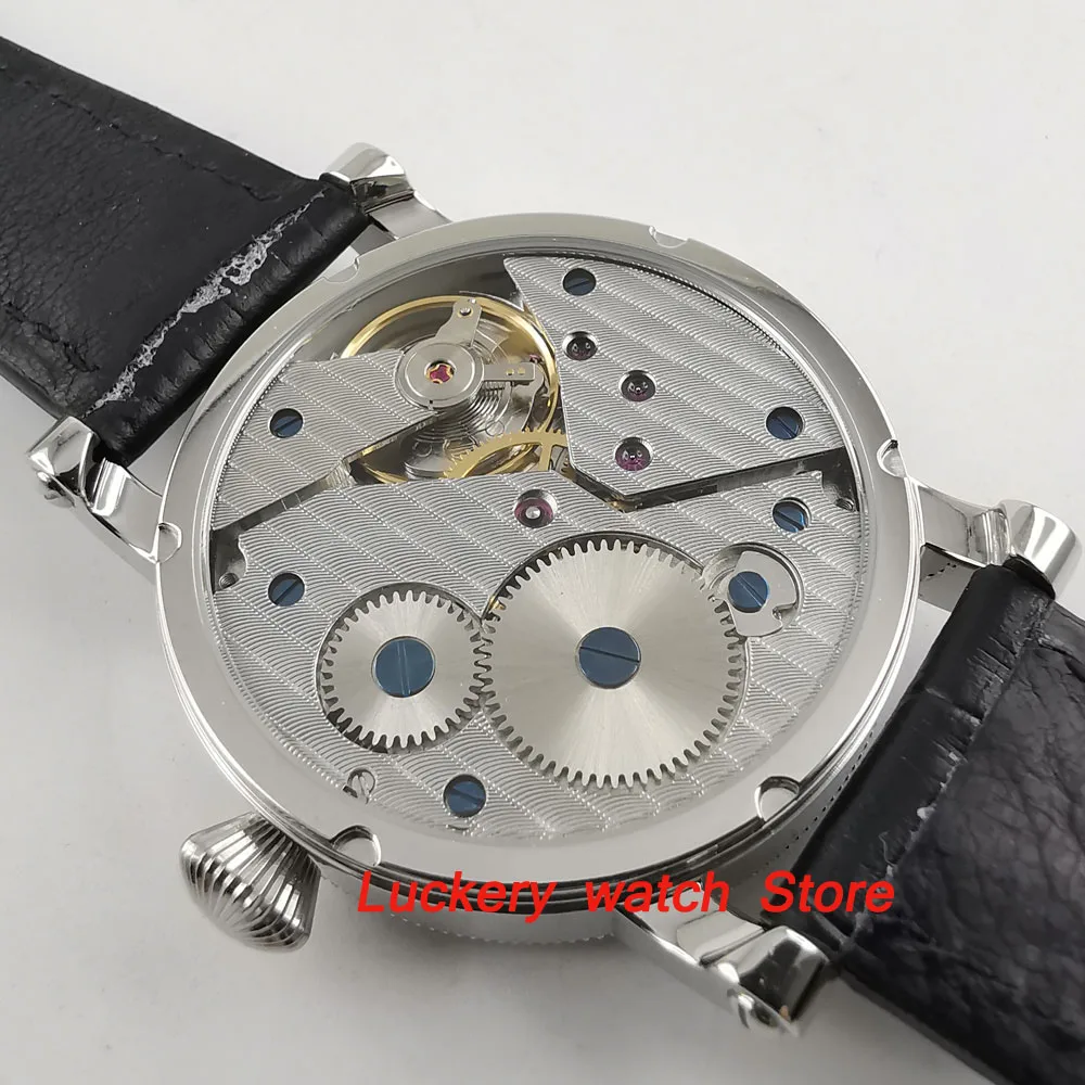Часы Parnis 43 мм с черным циферблатом и кожаным ремешком Moon Phase GMT механические
