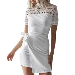Элегантное Белое Платье Для женщин Hallow из кружева платье короткий рукав Платья для вечеринок со стоячим воротником Лето Цельнокройное