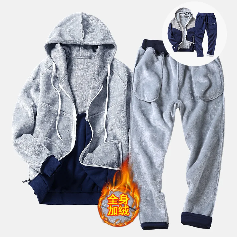 Autumn Tracksuit Men Warm Fleece Hooded Sweatshirts Winter Thick Hoodies Man Fashion Inner Fleece 2PC Pant Male chandal hombre