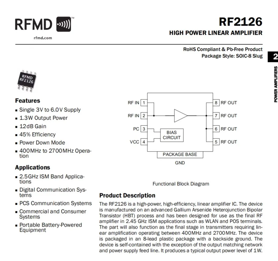RF2126 400 MHZ-2700 MHZ широкополосный Восстановленный усилитель мощности 2,4 GHZ 1 W для wifi Bluetooth ham радио усилитель с радиатором