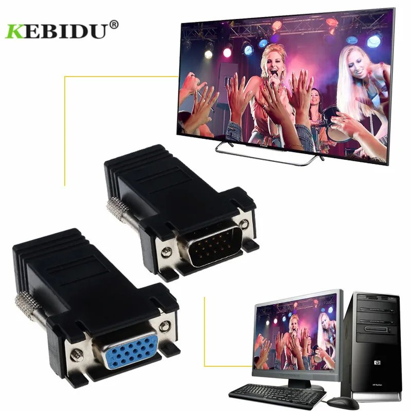 

kebidu Mini VGA Extender Cord Monitor Connector Male or Female To Lan Cat5 Cat5e RJ45 Ethernet Adapter for PC Laptop New Arrival