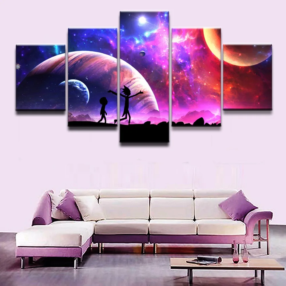 

5 Pieces Canvas Painting Wall Art Anime Starry Sky Rick And Morty Universe HD Print Painting Painting On Canvas Room Decoration