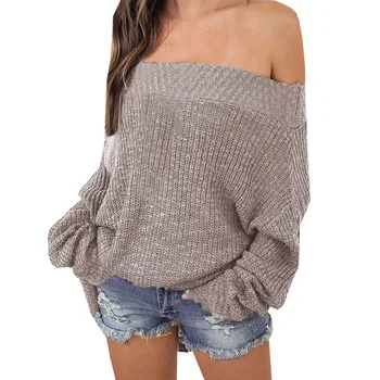 

2019 female pullover Slash neck sweater autumn winter new lazy wind loose large size sweater women off-the-shoulder knitted tops