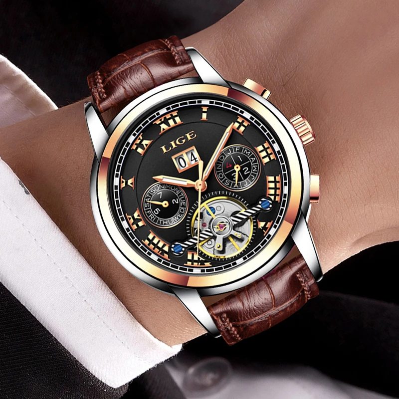 

LIGE Luxury Business Carnival tourbillon watch men Stainless Steel Automatic machine Waterproof leather watch relogio masculino