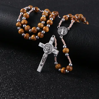 Komi Retro Wooden Rosary Beads Necklace For Women Mother Gifts Saint Benedict Medal Cross Jesus Pendant Religious Jewelry R-158