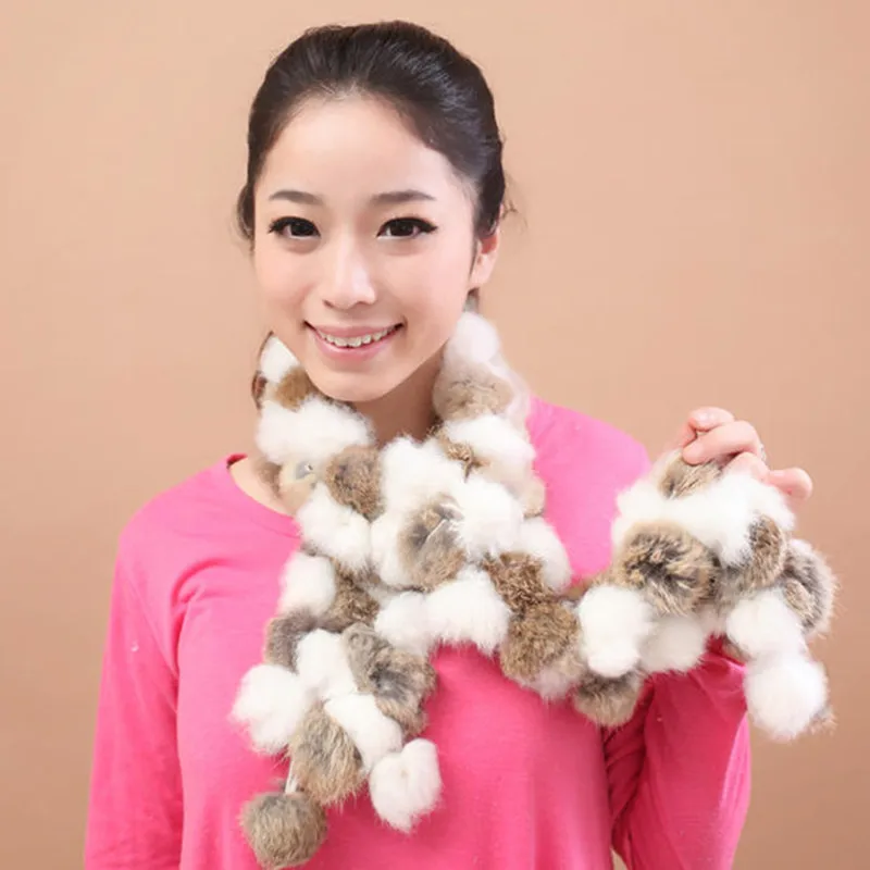 

2017 New Women Winter Rex Rabbit Fur Scarf Lady Knitted Fur Scarves Ball Stole Cap Shawl Luxury Long Muffler