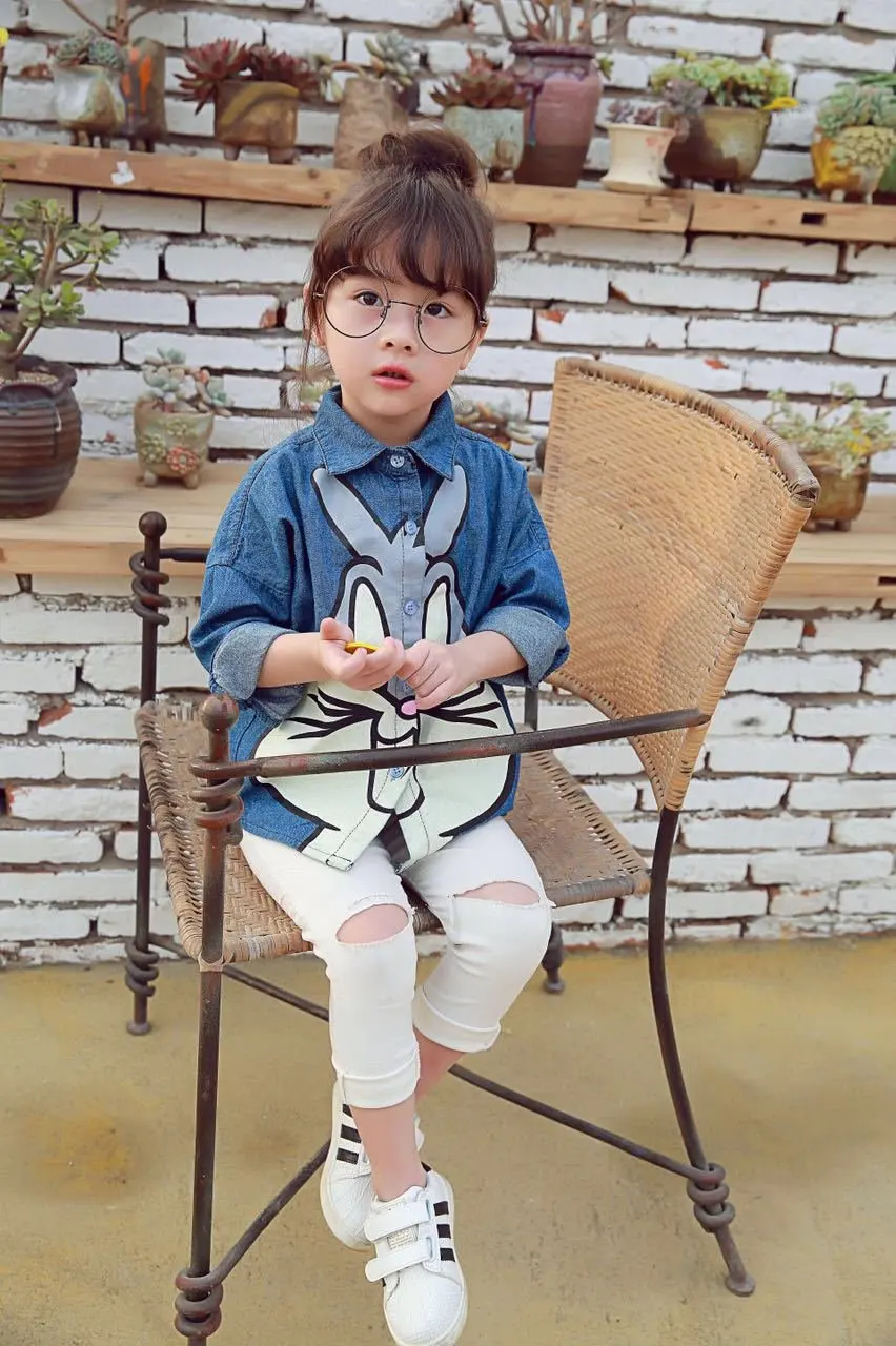 New Fashion Girls Blouse Shirt Long Sleeve Jeans Spring Summer Shirts for Toddler Girl's Outfits Cute Rabbit Print Blouse shirt